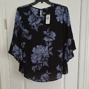 Torrid Midnight Black Blouse with Blue Floral Design